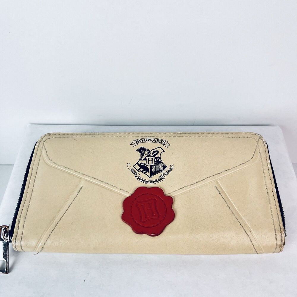 Harry Potter Hogwarts Letter Zip Around Wallet Beige Red Faux Leather